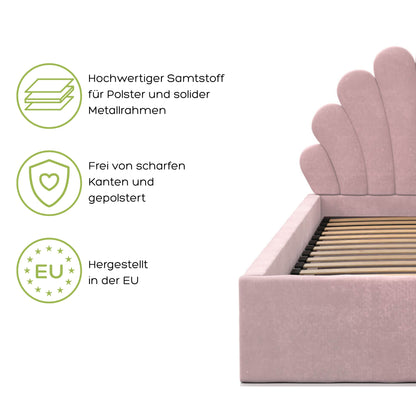 Kids Collective Kinderbett Polsterbett 90x200 cm Kinder Bett Jugendbett mit Lattenrost und Metallrahmen | Kopfteil in Muschelform | Für Mädchenzimmer & Kinderzimmer | von 4 bis 18 Jahren