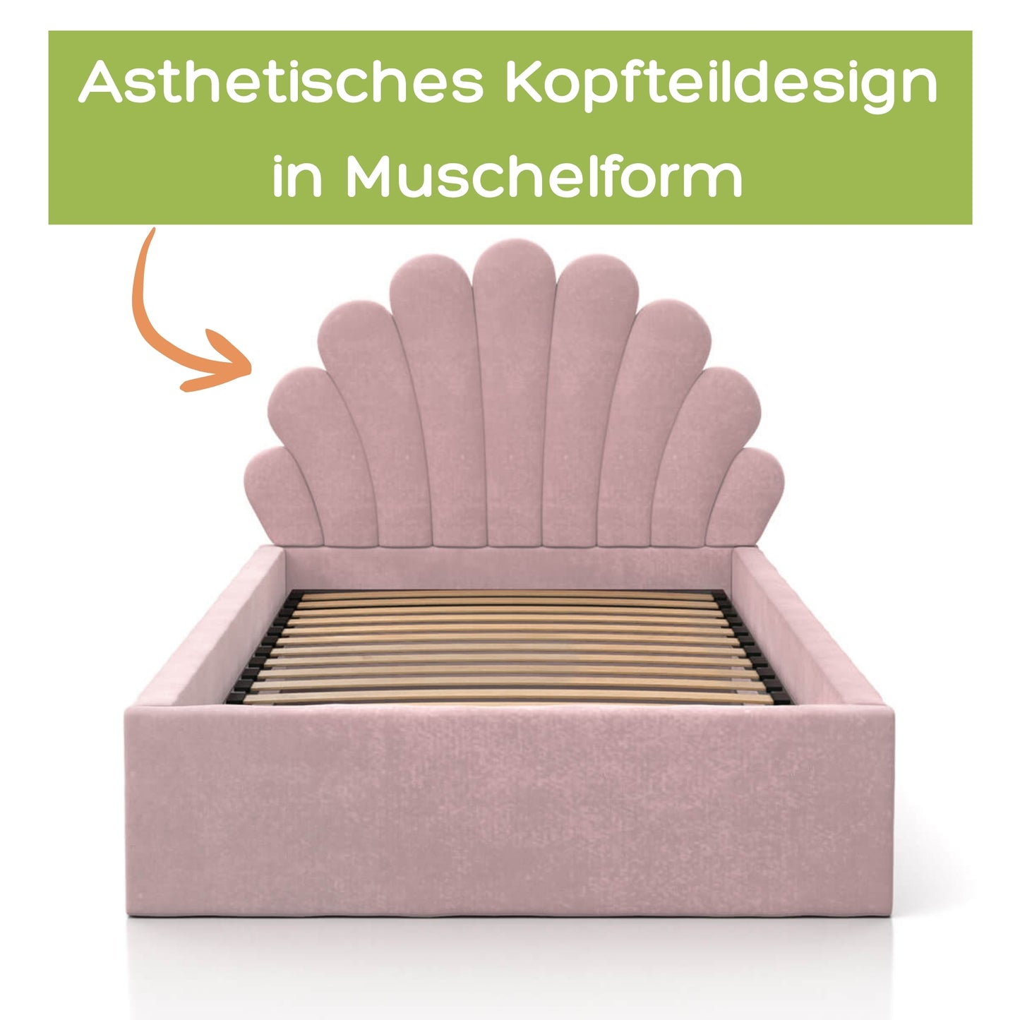 Kids Collective Kinderbett Polsterbett 90x200 cm Kinder Bett Jugendbett mit Lattenrost und Metallrahmen | Kopfteil in Muschelform | Für Mädchenzimmer & Kinderzimmer | von 4 bis 18 Jahren