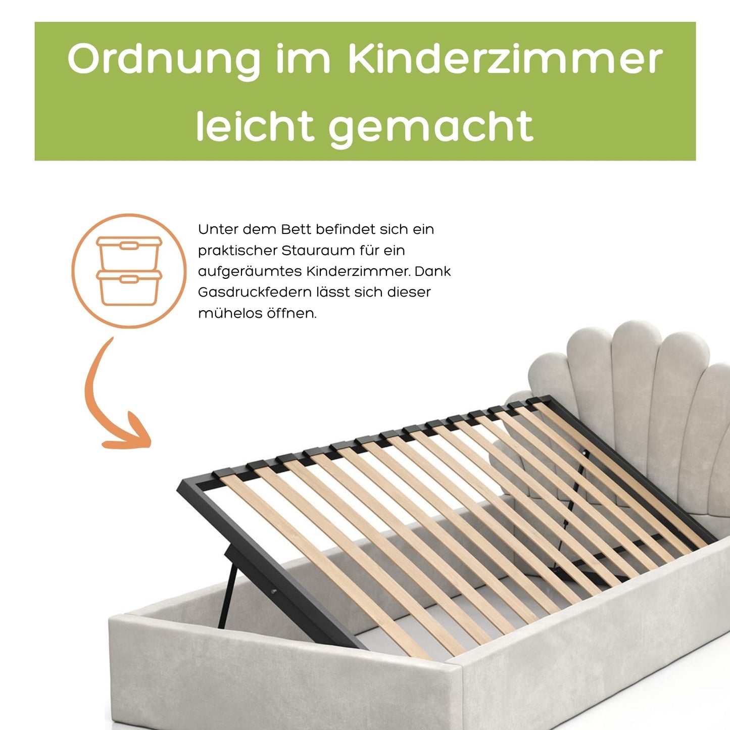 Kids Collective Kinderbett Polsterbett 90x200 cm Stauraumbett Kinder Bett Jugendbett mit Lattenrost & Metallrahmen | Bettkasten mit Gasdruckfedern, Kopfteil in Muschelform | von 4 bis 18 J