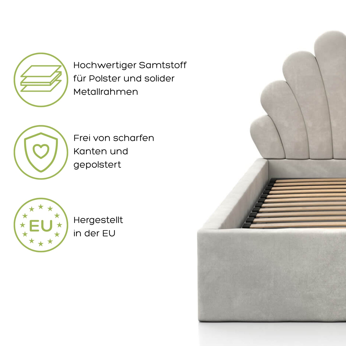 Kids Collective Kinderbett Polsterbett 90x200 cm Stauraumbett Kinder Bett Jugendbett mit Lattenrost & Metallrahmen | Bettkasten mit Gasdruckfedern, Kopfteil in Muschelform | von 4 bis 18 J