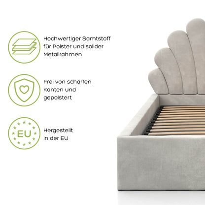 Kids Collective Kinderbett Polsterbett 90x200 cm Stauraumbett Kinder Bett Jugendbett mit Lattenrost & Metallrahmen | Bettkasten mit Gasdruckfedern, Kopfteil in Muschelform | von 4 bis 18 J