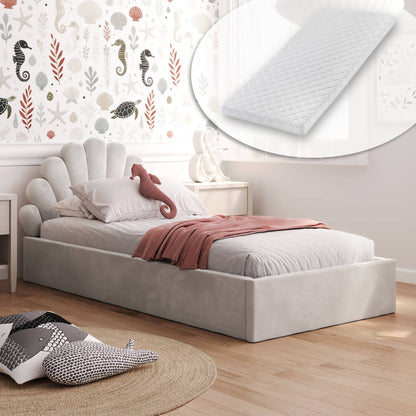 Kids Collective Kinderbett Polsterbett 90x200 cm Stauraumbett Kinder Bett Jugendbett mit Lattenrost & Metallrahmen | Bettkasten mit Gasdruckfedern, Kopfteil in Muschelform | von 4 bis 18 J