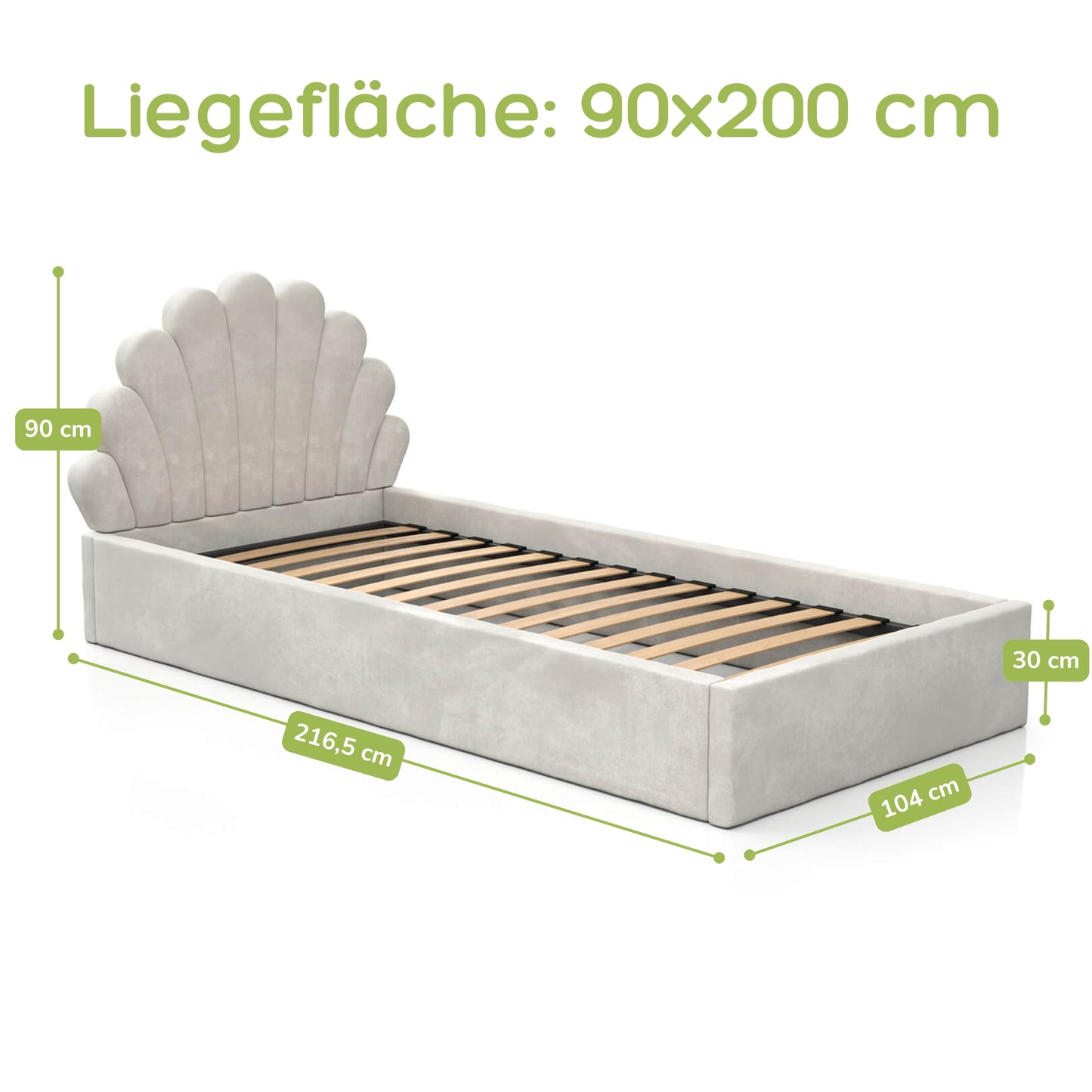 Kids Collective Kinderbett Polsterbett 90x200 cm Stauraumbett Kinder Bett Jugendbett mit Lattenrost & Metallrahmen | Bettkasten mit Gasdruckfedern, Kopfteil in Muschelform | von 4 bis 18 J