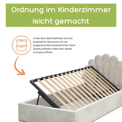 Kids Collective Kinderbett Polsterbett 90x200 cm Stauraumbett Kinder Bett Jugendbett mit Lattenrost & Metallrahmen | Bettkasten mit Gasdruckfedern, Kopfteil in Muschelform | von 4 bis 18 J