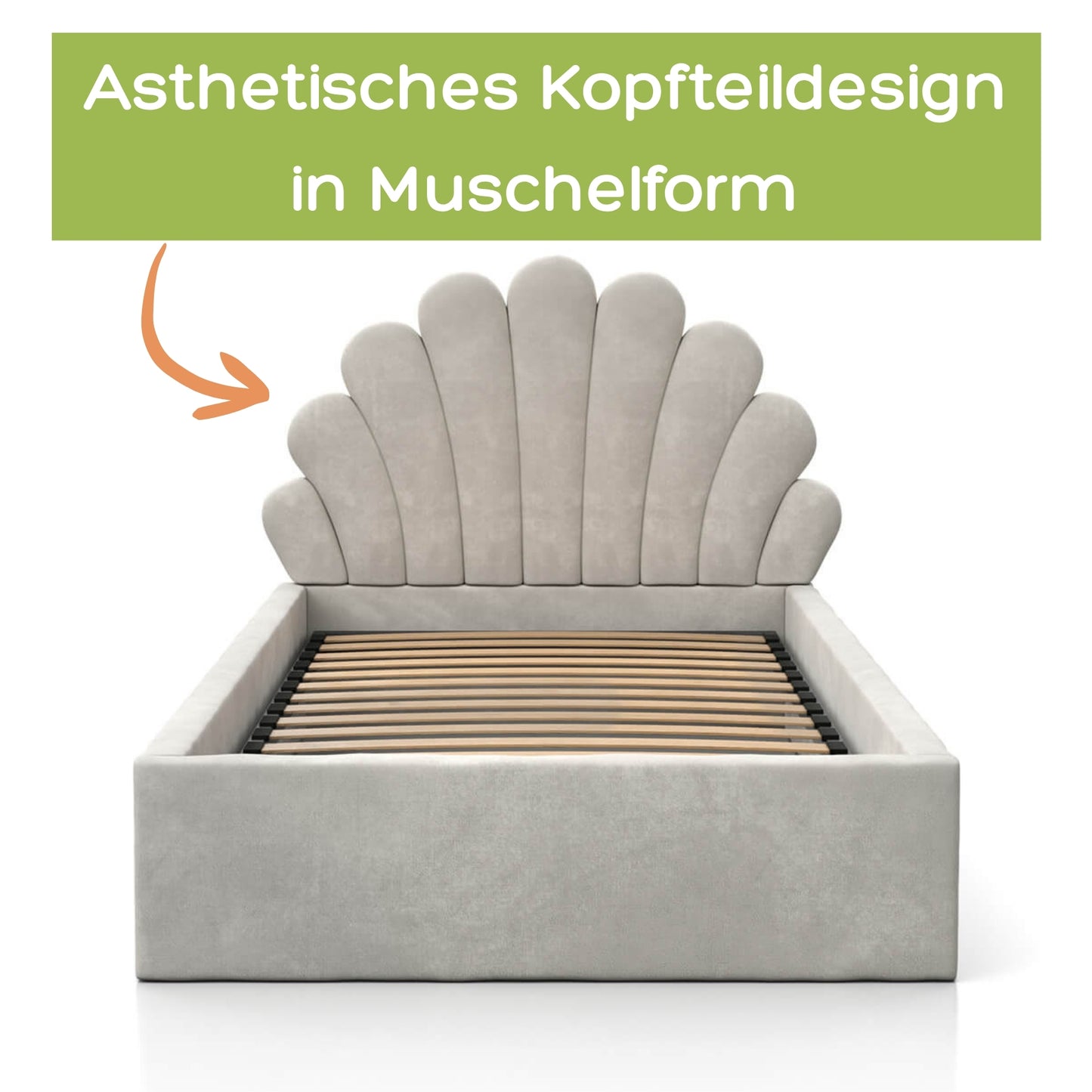 Kids Collective Kinderbett Polsterbett 90x200 cm Stauraumbett Kinder Bett Jugendbett mit Lattenrost & Metallrahmen | Bettkasten mit Gasdruckfedern, Kopfteil in Muschelform | von 4 bis 18 J