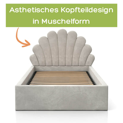 Kids Collective Kinderbett Polsterbett 90x200 cm Stauraumbett Kinder Bett Jugendbett mit Lattenrost & Metallrahmen | Bettkasten mit Gasdruckfedern, Kopfteil in Muschelform | von 4 bis 18 J