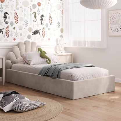 Kids Collective Kinderbett Polsterbett 90x200 cm Stauraumbett Kinder Bett Jugendbett mit Lattenrost & Metallrahmen | Bettkasten mit Gasdruckfedern, Kopfteil in Muschelform | von 4 bis 18 J