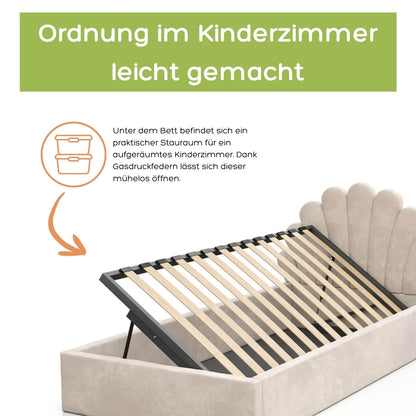 Kids Collective Kinderbett Polsterbett 90x200 cm Stauraumbett Kinder Bett Jugendbett mit Lattenrost & Metallrahmen | Bettkasten mit Gasdruckfedern, Kopfteil in Muschelform | von 4 bis 18 J