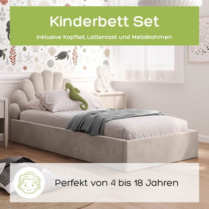 Kids Collective Kinderbett Polsterbett 90x200 cm Stauraumbett Kinder Bett Jugendbett mit Lattenrost & Metallrahmen | Bettkasten mit Gasdruckfedern, Kopfteil in Muschelform | von 4 bis 18 J