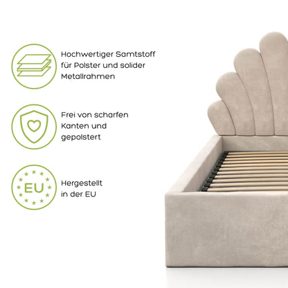 Kids Collective Kinderbett Polsterbett 90x200 cm Stauraumbett Kinder Bett Jugendbett mit Lattenrost & Metallrahmen | Bettkasten mit Gasdruckfedern, Kopfteil in Muschelform | von 4 bis 18 J