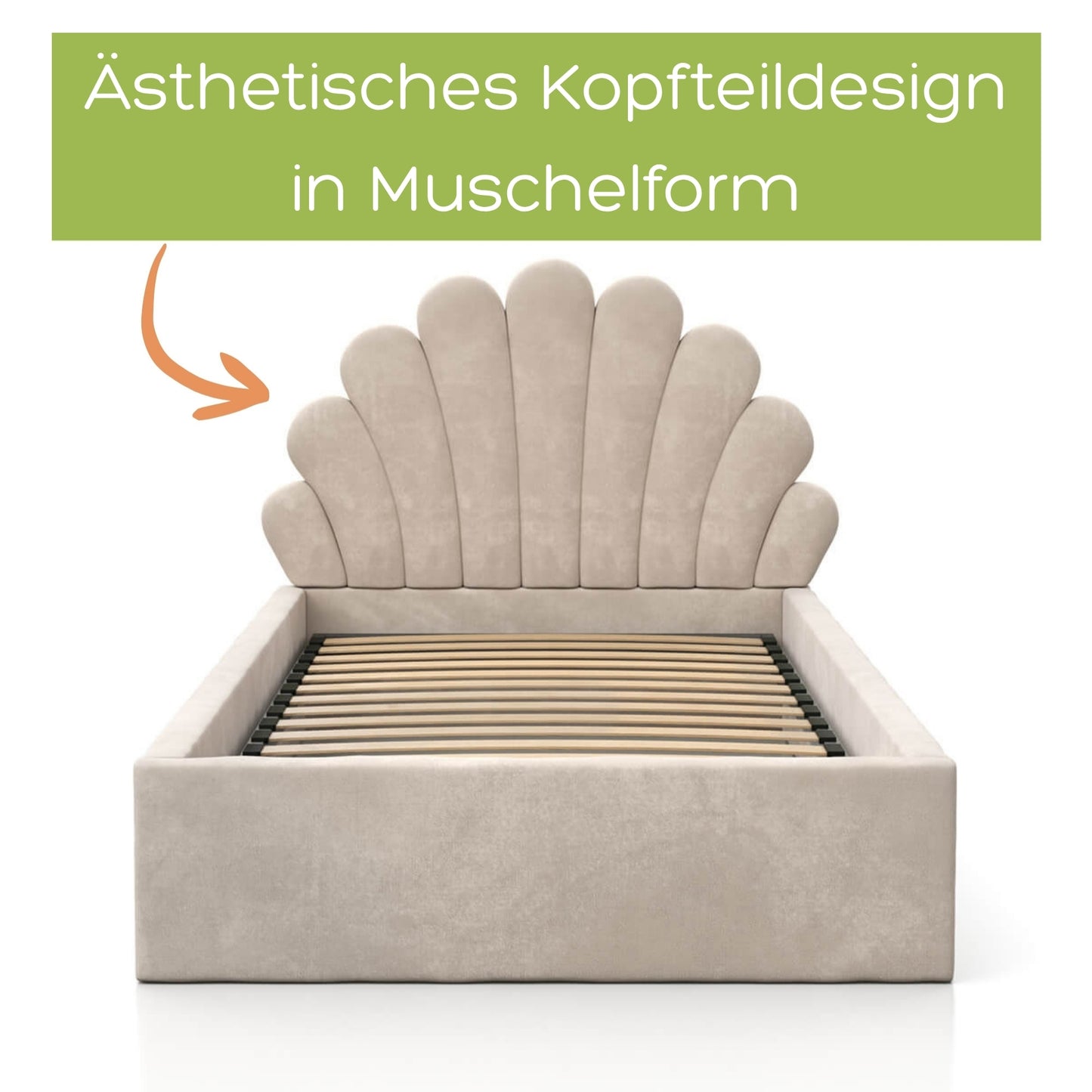 Kids Collective Kinderbett Polsterbett 90x200 cm Stauraumbett Kinder Bett Jugendbett mit Lattenrost & Metallrahmen | Bettkasten mit Gasdruckfedern, Kopfteil in Muschelform | von 4 bis 18 J