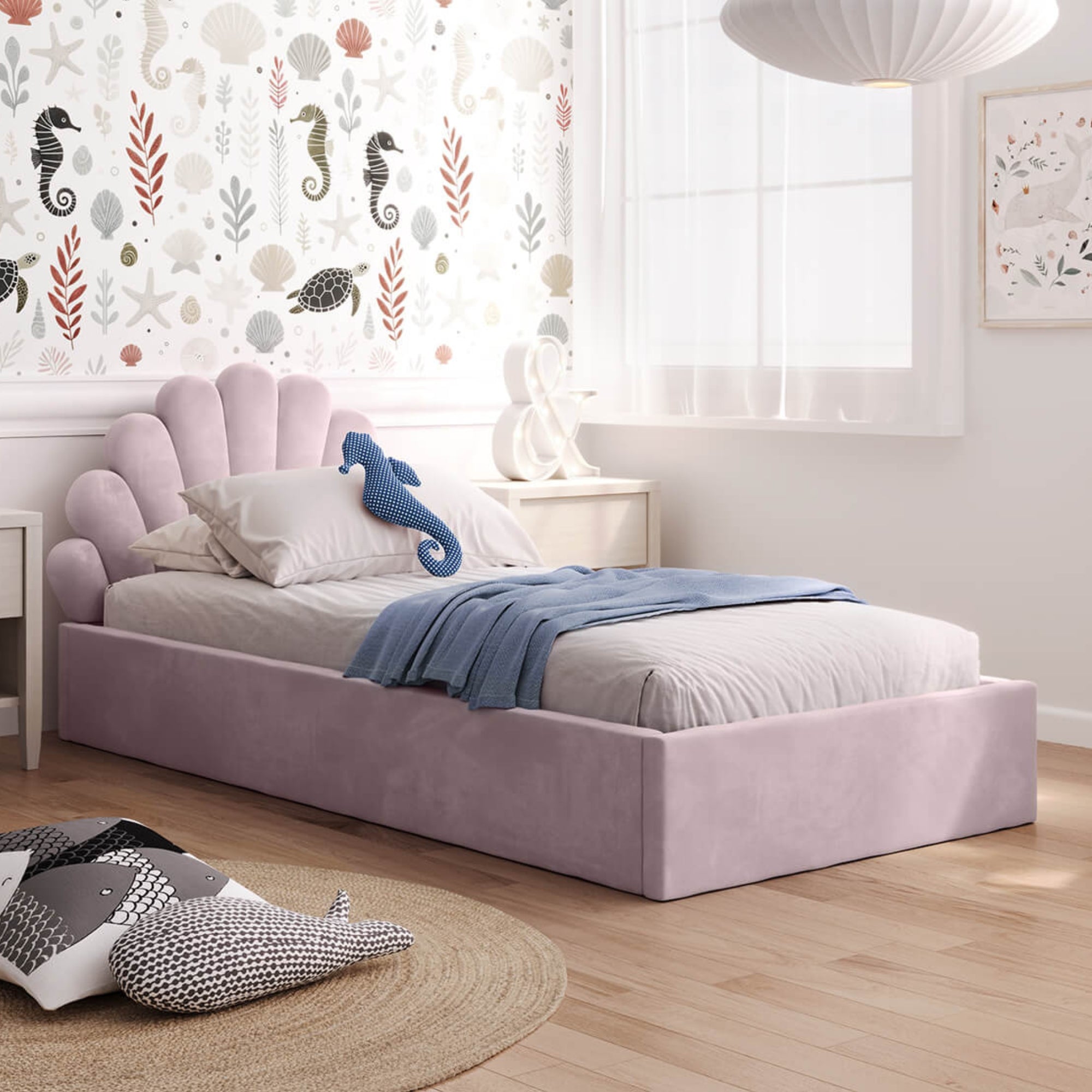 Kids Collective Kinderbett Polsterbett 90x200 cm Stauraumbett Kinder Bett Jugendbett mit Lattenrost & Metallrahmen | Bettkasten mit Gasdruckfedern, Kopfteil in Muschelform | von 4 bis 18 J