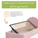 Kids Collective Kinderbett Polsterbett 90x200 cm Stauraumbett Kinder Bett Jugendbett mit Lattenrost & Metallrahmen | Bettkasten mit Gasdruckfedern, Kopfteil in Muschelform | von 4 bis 18 J