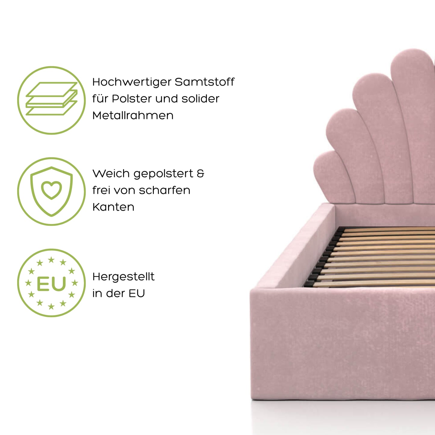 Kids Collective Kinderbett Polsterbett 90x200 cm Stauraumbett Kinder Bett Jugendbett mit Lattenrost & Metallrahmen | Bettkasten mit Gasdruckfedern, Kopfteil in Muschelform | von 4 bis 18 J