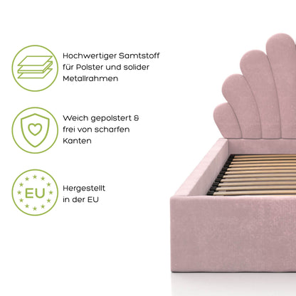 Kids Collective Kinderbett Polsterbett 90x200 cm Stauraumbett Kinder Bett Jugendbett mit Lattenrost & Metallrahmen | Bettkasten mit Gasdruckfedern, Kopfteil in Muschelform | von 4 bis 18 J