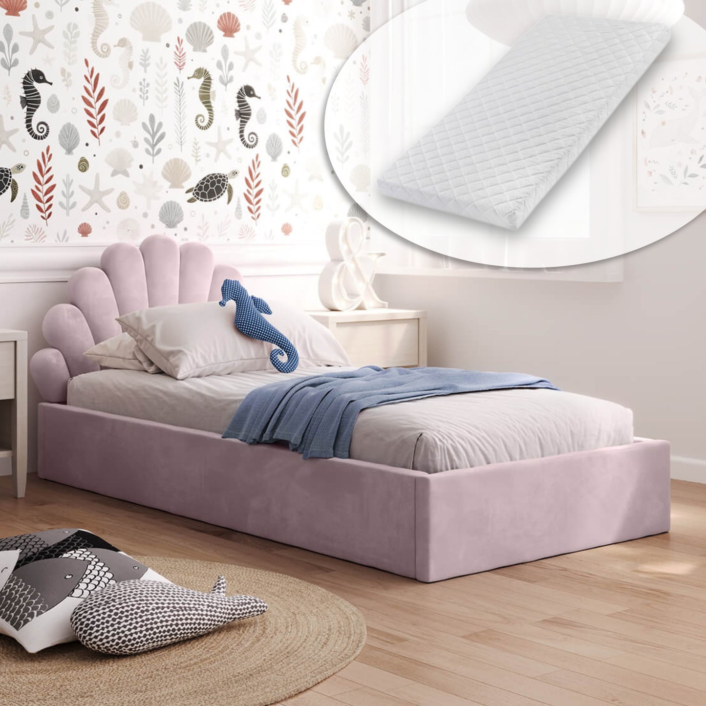 Kids Collective Kinderbett Polsterbett 90x200 cm Stauraumbett Kinder Bett Jugendbett mit Lattenrost & Metallrahmen | Bettkasten mit Gasdruckfedern, Kopfteil in Muschelform | von 4 bis 18 J