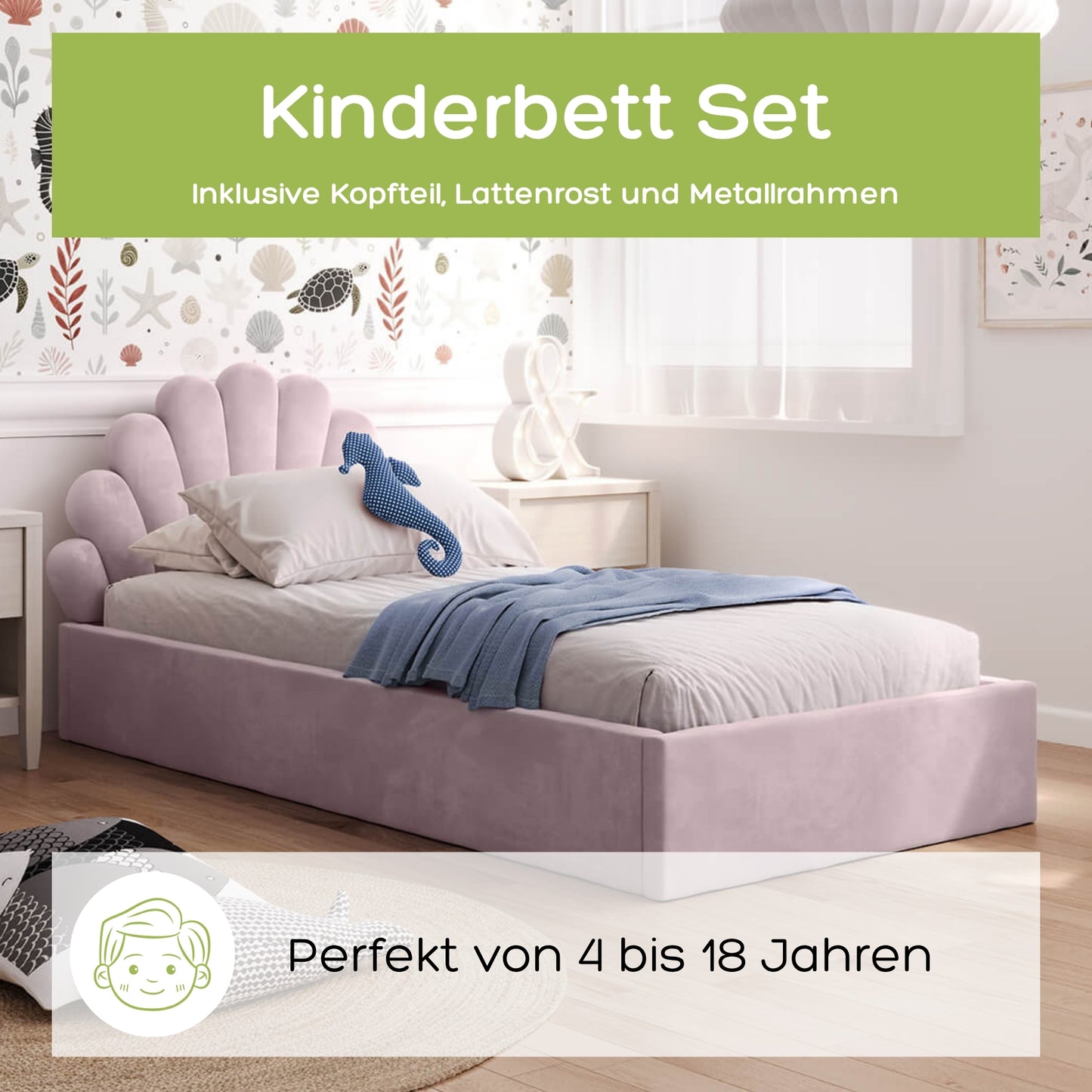 Kids Collective Kinderbett Polsterbett 90x200 cm Stauraumbett Kinder Bett Jugendbett mit Lattenrost & Metallrahmen | Bettkasten mit Gasdruckfedern, Kopfteil in Muschelform | von 4 bis 18 J