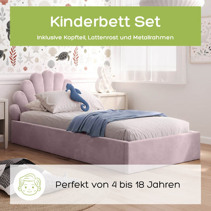 Kids Collective Kinderbett Polsterbett 90x200 cm Stauraumbett Kinder Bett Jugendbett mit Lattenrost & Metallrahmen | Bettkasten mit Gasdruckfedern, Kopfteil in Muschelform | von 4 bis 18 J