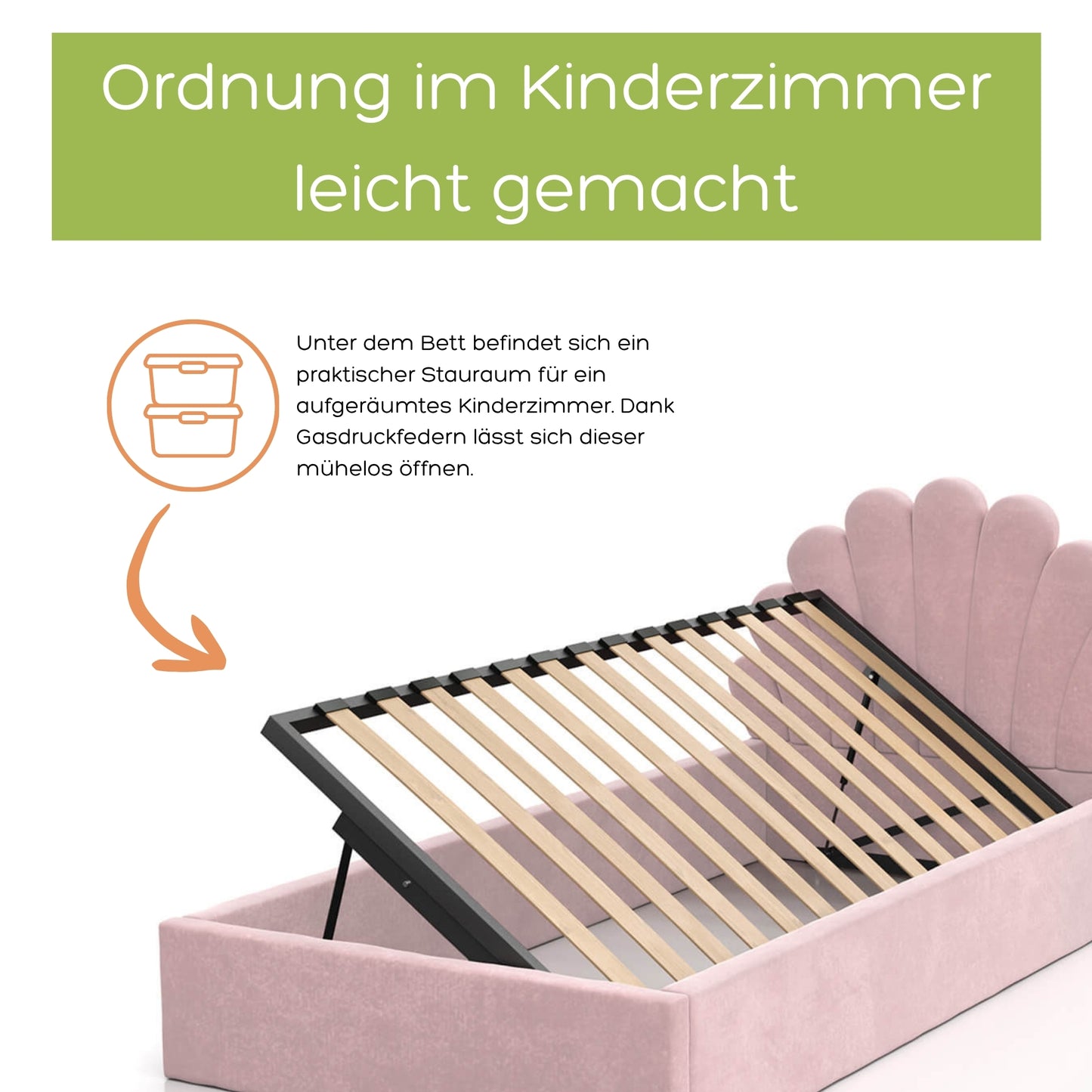 Kids Collective Kinderbett Polsterbett 90x200 cm Stauraumbett Kinder Bett Jugendbett mit Lattenrost & Metallrahmen | Bettkasten mit Gasdruckfedern, Kopfteil in Muschelform | von 4 bis 18 J