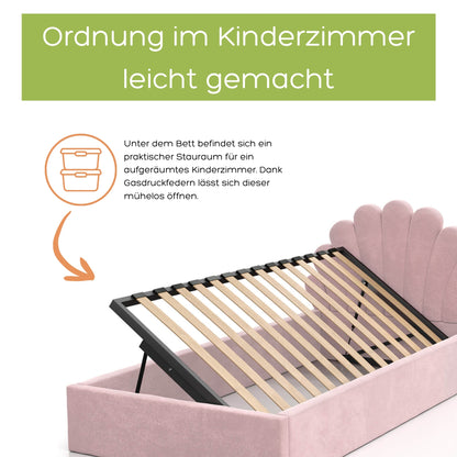Kids Collective Kinderbett Polsterbett 90x200 cm Stauraumbett Kinder Bett Jugendbett mit Lattenrost & Metallrahmen | Bettkasten mit Gasdruckfedern, Kopfteil in Muschelform | von 4 bis 18 J