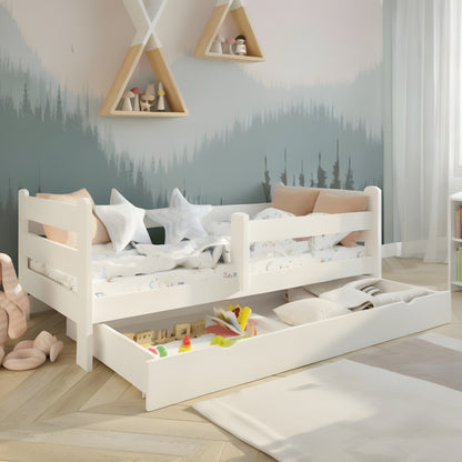 Kids Collective Kinderbett 80x160 und 90x200 cm Kinder Bett Jugendbett Juniorbett | Mit Rausfallschutz & Schublade | Stabiles Kiefernholz | Weiß