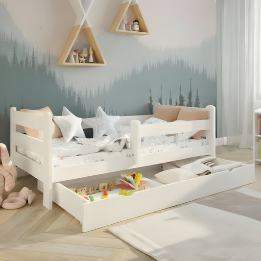 Kids Collective Kinderbett 80x160 und 90x200 cm Kinder Bett Jugendbett Juniorbett | Mit Rausfallschutz & Schublade | Stabiles Kiefernholz | Weiß