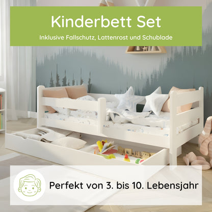 Kids Collective Kinderbett 80x160 und 90x200 cm Kinder Bett Jugendbett Juniorbett | Mit Rausfallschutz & Schublade | Stabiles Kiefernholz | Weiß
