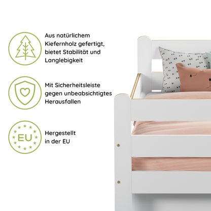 Kids Collective Kinderbett 80x160 und 90x200 cm Kinder Bett Jugendbett Juniorbett | Mit Rausfallschutz & Schublade | Stabiles Kiefernholz | Weiß