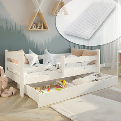 Kids Collective Kinderbett 80x160 und 90x200 cm Kinder Bett Jugendbett Juniorbett | Mit Rausfallschutz & Schublade | Stabiles Kiefernholz | Weiß