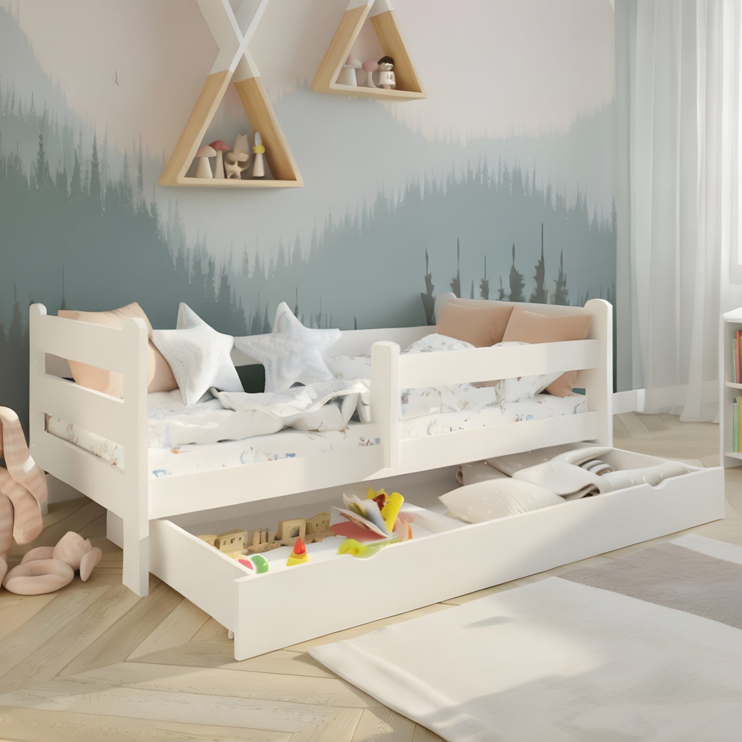 Kids Collective Kinderbett 80x160 und 90x200 cm Kinder Bett Jugendbett Juniorbett | Mit Rausfallschutz & Schublade | Stabiles Kiefernholz | Weiß