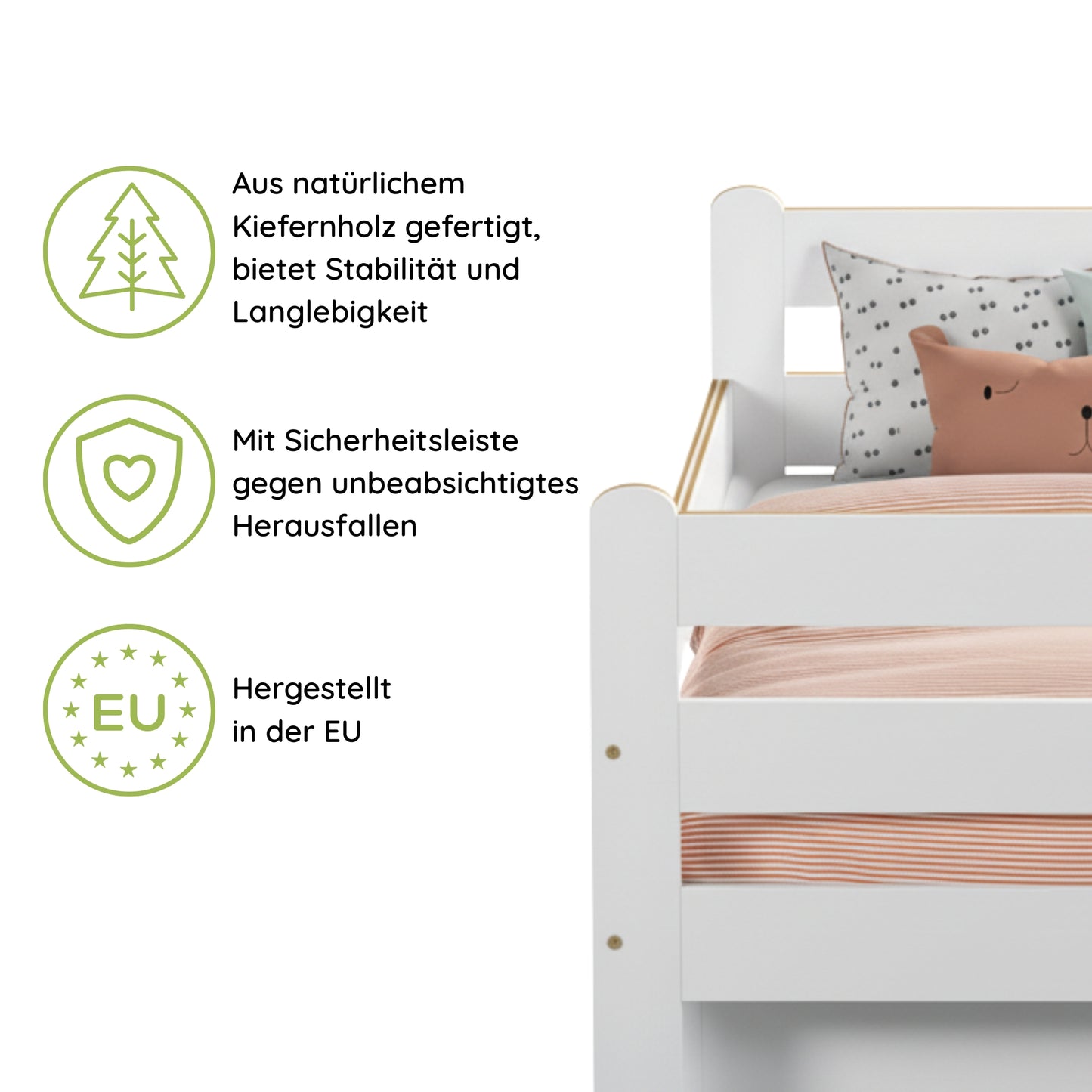 Kids Collective Kinderbett 80x160 und 90x200 cm Kinder Bett Jugendbett Juniorbett | Mit Rausfallschutz & Schublade | Stabiles Kiefernholz | Weiß