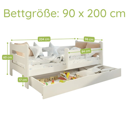 Kids Collective Kinderbett 80x160 und 90x200 cm Kinder Bett Jugendbett Juniorbett | Mit Rausfallschutz & Schublade | Stabiles Kiefernholz | Weiß