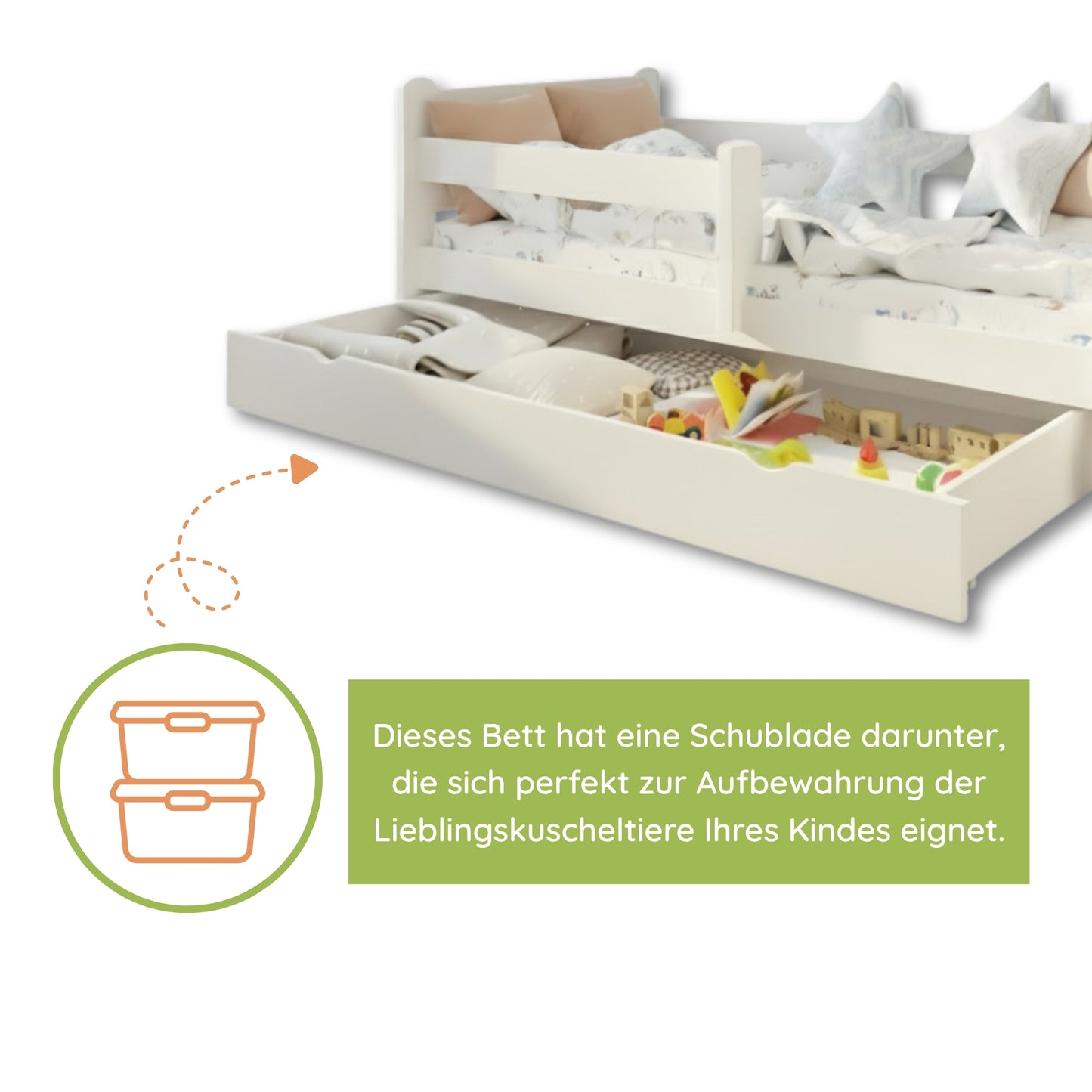 Kids Collective Kinderbett 80x160 und 90x200 cm Kinder Bett Jugendbett Juniorbett | Mit Rausfallschutz & Schublade | Stabiles Kiefernholz | Weiß