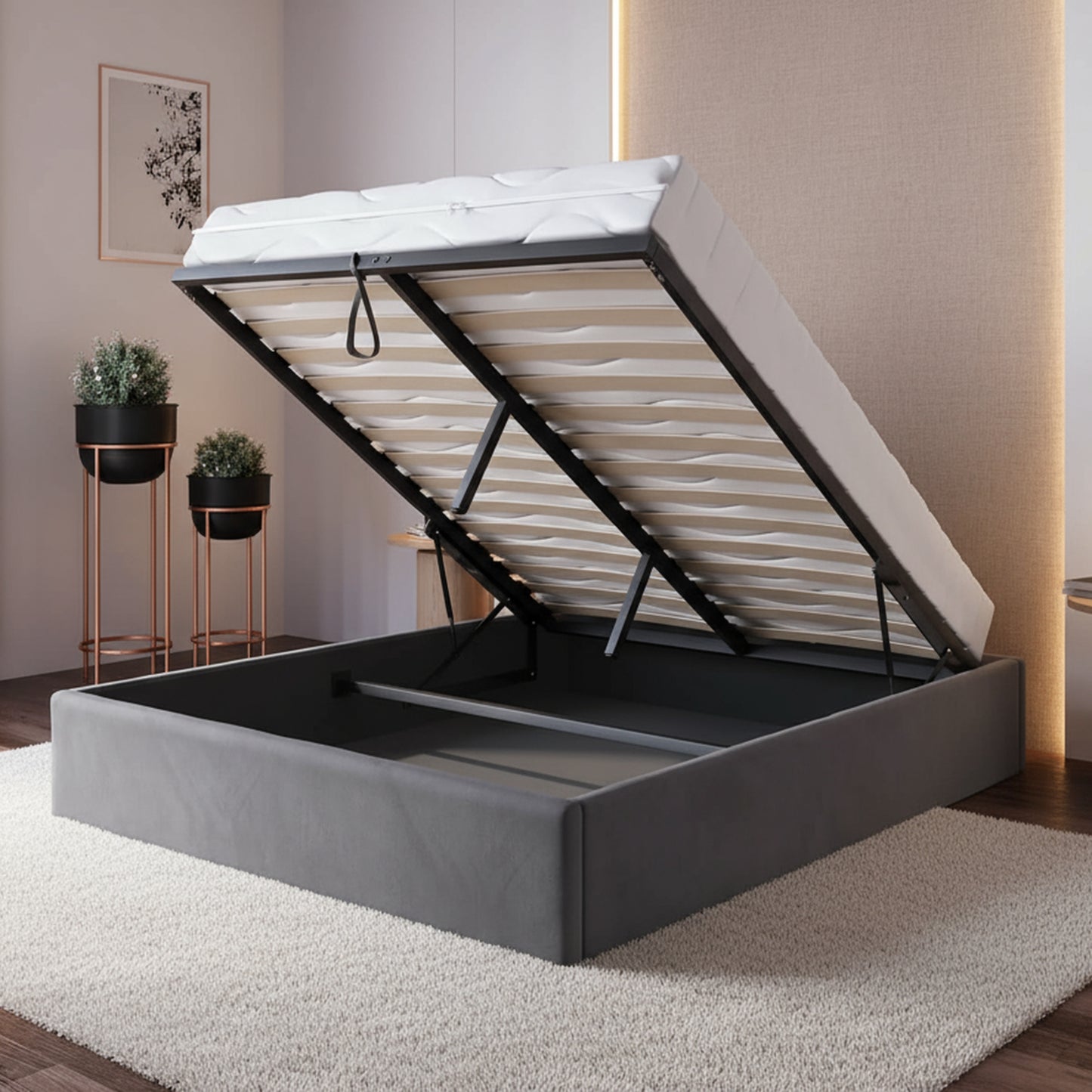Home Collective Polsterbett, Stauraumbett, Schlafzimmerbett, Bett mit Stauraum Lattenrost Metallrahmen und Samtpolsterung platzsparend ohne Kopfteil | 120x200 | 140x200 | 160x200 cm