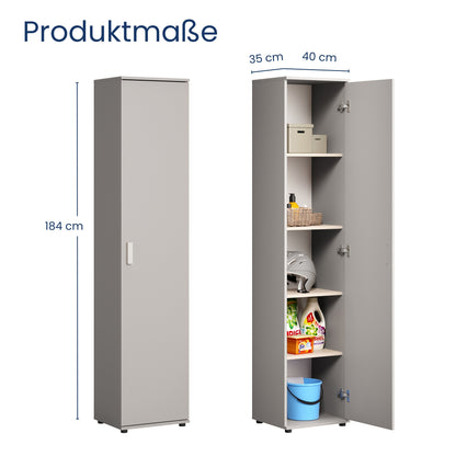 Schmaler Mehrzweckschrank 40 cm breit mit 1 Tür & 4 Einlegeböden | Universalschrank Haushaltsschrank für Haushalt, Flur, Büro oder Schlafzimmer | 40x35x184 cm (BxTxH)