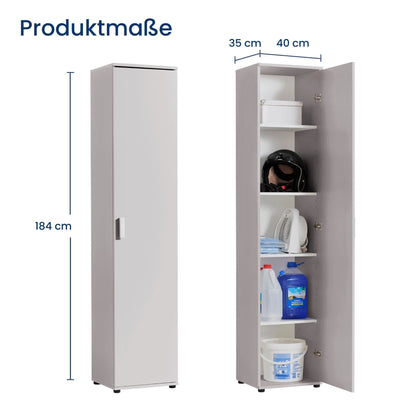Schmaler Mehrzweckschrank 40 cm breit mit 1 Tür & 4 Einlegeböden | Universalschrank Haushaltsschrank für Haushalt, Flur, Büro oder Schlafzimmer | 40x35x184 cm (BxTxH)