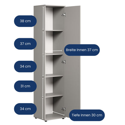 Schmaler Mehrzweckschrank 40 cm breit mit 1 Tür & 4 Einlegeböden | Universalschrank Haushaltsschrank für Haushalt, Flur, Büro oder Schlafzimmer | 40x35x184 cm (BxTxH)