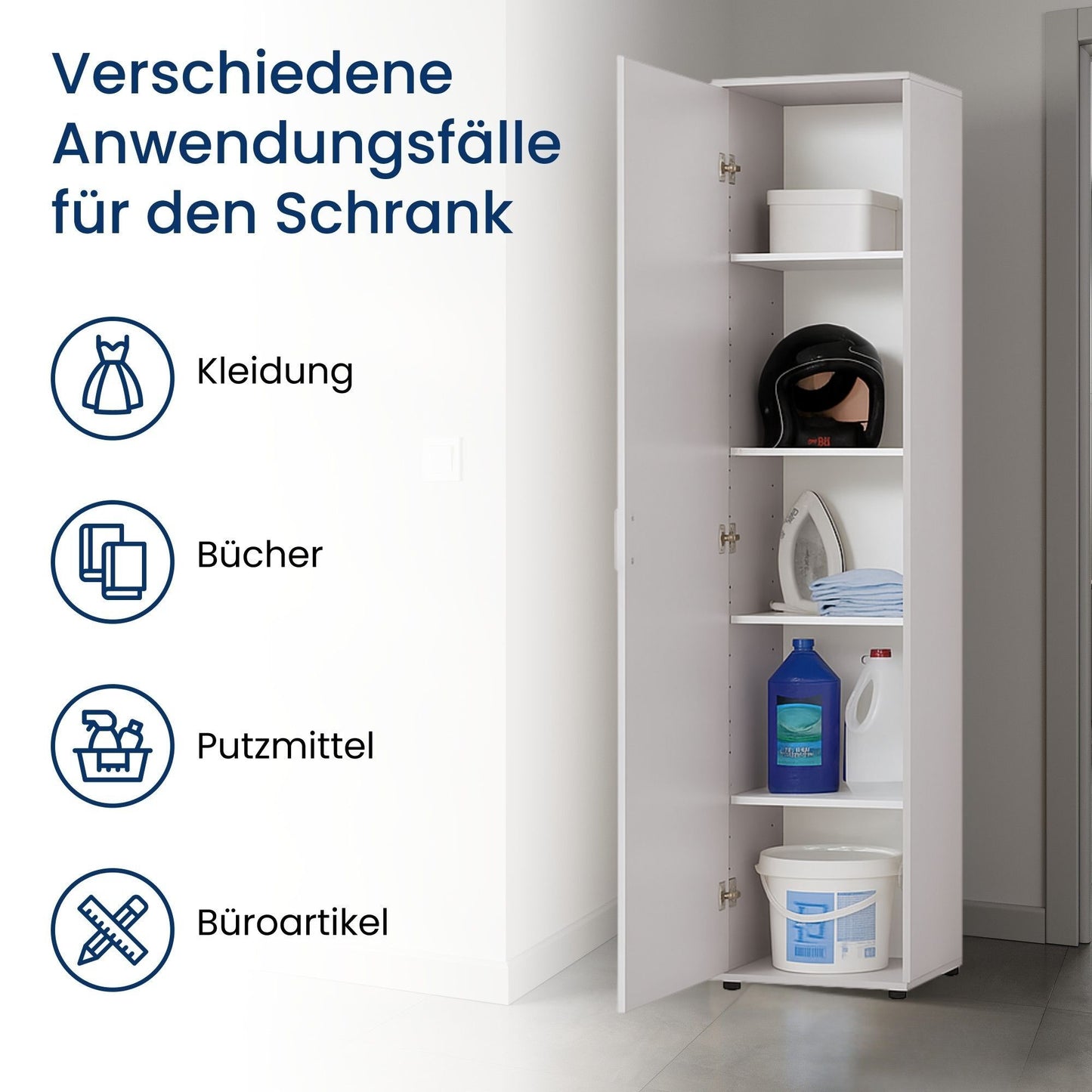 Schmaler Mehrzweckschrank 40 cm breit mit 1 Tür & 4 Einlegeböden | Universalschrank Haushaltsschrank für Haushalt, Flur, Büro oder Schlafzimmer | 40x35x184 cm (BxTxH)