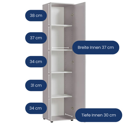 Schmaler Mehrzweckschrank 40 cm breit mit 1 Tür & 4 Einlegeböden | Universalschrank Haushaltsschrank für Haushalt, Flur, Büro oder Schlafzimmer | 40x35x184 cm (BxTxH)
