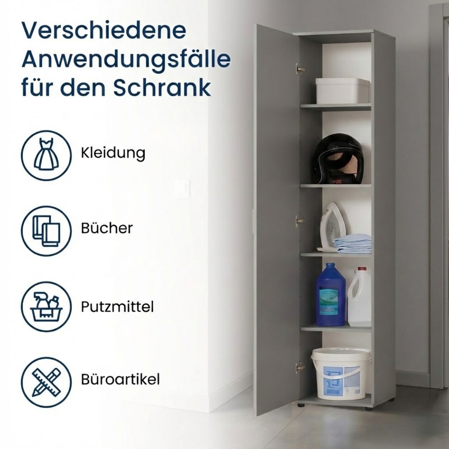 Schmaler Mehrzweckschrank 40 cm breit mit 1 Tür & 4 Einlegeböden | Universalschrank Haushaltsschrank für Haushalt, Flur, Büro oder Schlafzimmer | 40x35x184 cm (BxTxH)