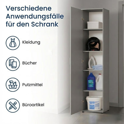 Schmaler Mehrzweckschrank 40 cm breit mit 1 Tür & 4 Einlegeböden | Universalschrank Haushaltsschrank für Haushalt, Flur, Büro oder Schlafzimmer | 40x35x184 cm (BxTxH)
