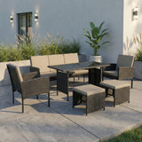 Home Collective Gartenmöbel Set 7-Sitzer | Lounge Möbel Outdoor Gartenlounge | 3-Sitzer-Sofa 2 Stühle 2 Hocker | Tisch mit gehärteter Glasplatte & Polster für Terrasse u. Garten | Polyrattan Schwarz
