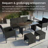 Home Collective Gartenmöbel Set 7-Sitzer | Lounge Möbel Outdoor Gartenlounge | 3-Sitzer-Sofa 2 Stühle 2 Hocker | Tisch mit gehärteter Glasplatte & Polster für Terrasse u. Garten | Polyrattan Schwarz