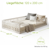 Kids Collective Kinderbett Bodenbett mit Rausfallschutz & Lattenrost Montessori Bett Bed Gitterbett Kinder Jugendbett Einzelbett | Weiß | Größen 90x200 120x200 140x200 cm
