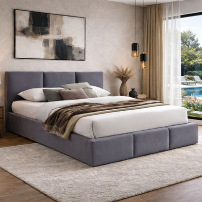 Lit rembourré lit double 140x200 | 160x200 cm velours beige ou gris | avec sommier à lattes en métal et espace de rangement avec coffre de lit hydraulique 