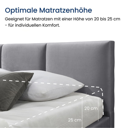 Lit rembourré lit double 140x200 | 160x200 cm velours beige ou gris | avec sommier à lattes en métal et espace de rangement avec coffre de lit hydraulique 