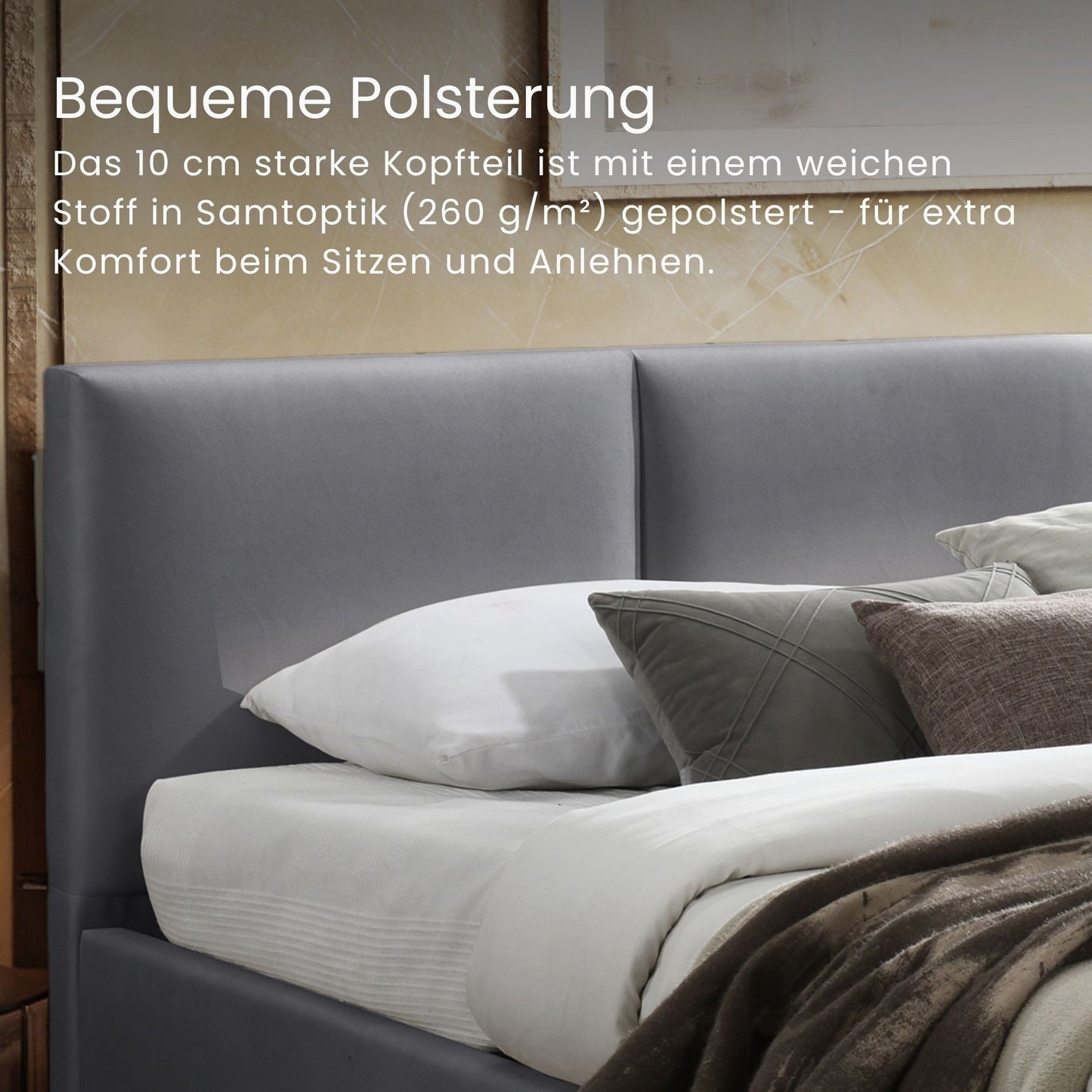 Lit rembourré lit double 140x200 | 160x200 cm velours beige ou gris | avec sommier à lattes en métal et espace de rangement avec coffre de lit hydraulique 