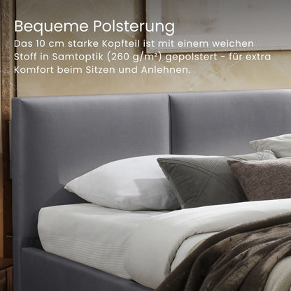 Lit rembourré lit double 140x200 | 160x200 cm velours beige ou gris | avec sommier à lattes en métal et espace de rangement avec coffre de lit hydraulique 