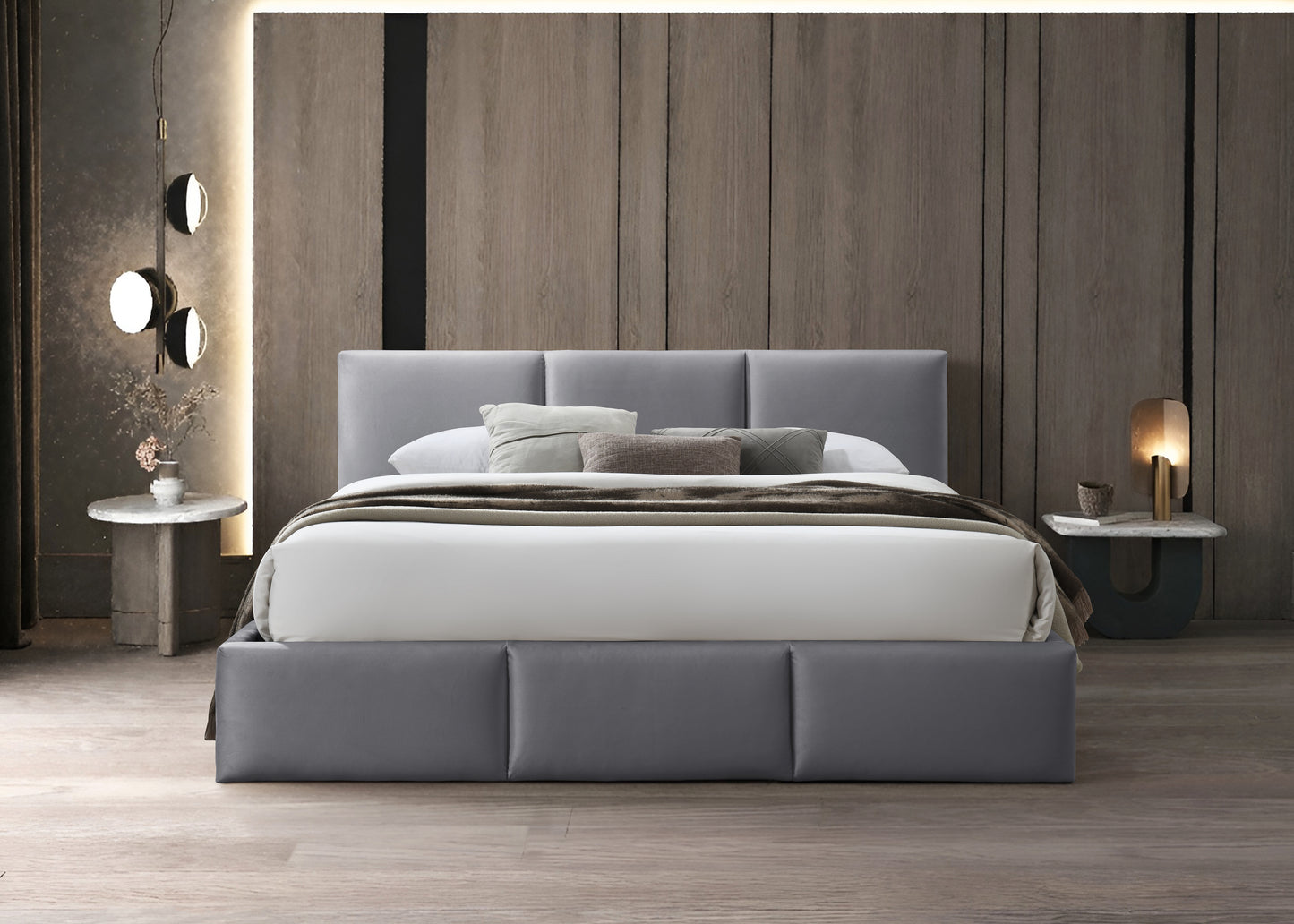 Lit rembourré lit double 140x200 | 160x200 cm velours beige ou gris | avec sommier à lattes en métal et espace de rangement avec coffre de lit hydraulique 