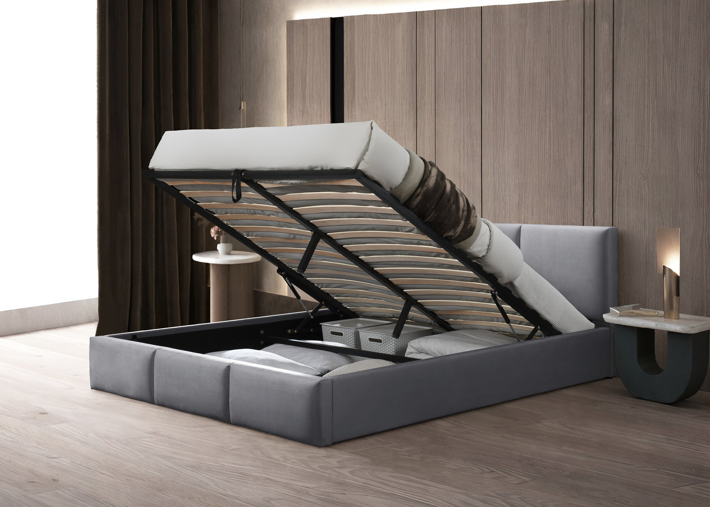 Lit rembourré lit double 140x200 | 160x200 cm velours beige ou gris | avec sommier à lattes en métal et espace de rangement avec coffre de lit hydraulique 